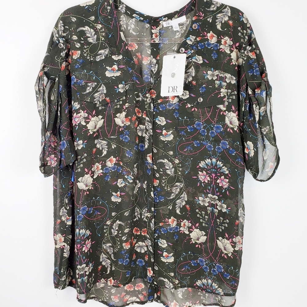 DR2 - Brown Floral Print Tunic Button Detail Hi lo